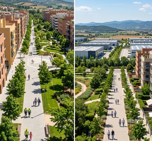 Vistas de las zonas peatonales, la vida residencial y la moderna conectividad de Polinyà